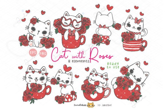 Download Kawaii Romantic Cat Valentine with Rose - Premium Resources