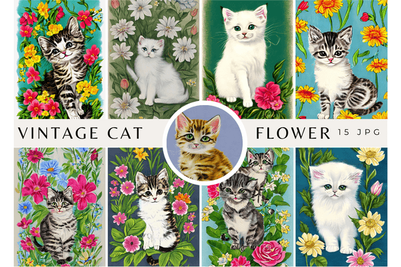 Download Vintage Watercolor Cat with Flowers Rose - Premium Resources