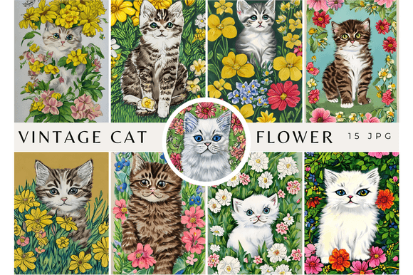 Download Vintage Watercolor Cat with Flowers Rose - Premium Resources