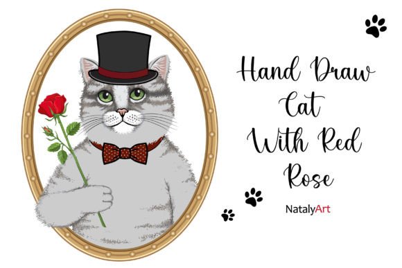 Download Hand Draw Cat with Red Rose. - Premium Resources