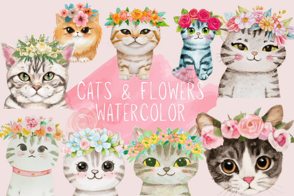 Download Watercolor Cat with Flowers Rose Clipart - Premium Resources