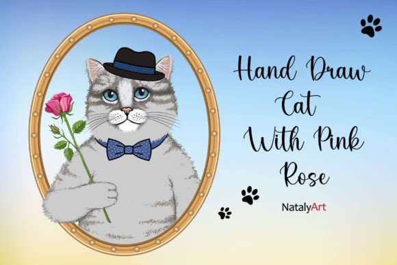 Download Hand Draw Cat with Pink Rose. - Premium Resources