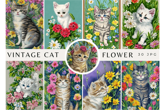 Download Vintage Watercolor Cat with Flowers Rose - Premium Resources